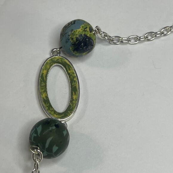 Viva Beads silver necklace silver tone green clay beads signed chunky beaded - Picture 3 of 11